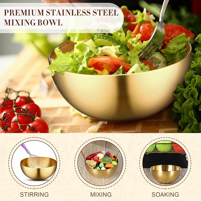 Nuogo 15 Pcs Gold Mixing Bowls Metal Stainless Steel Soup Bowl for Kitchen Fruit Salad Snack Appetizer Cereal Noodle Facial Sugar Serving Cooking Baking Prepping, 5.9 Inches