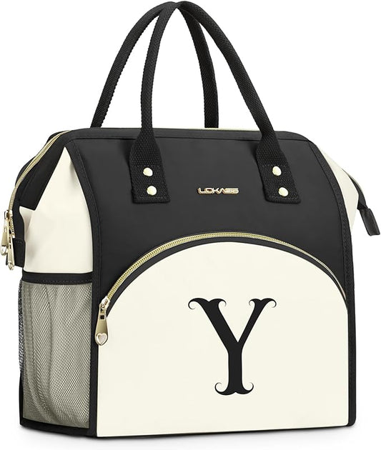 Personalized Lunch Box for Women, Initial Reusable Insulated Lunch Bag, Wide-Open Adult Lunchbox Cooler Lunchbag, Initial Leakproof Lunch Tote Bag for Picnic Work Outdoors Black and White - Y