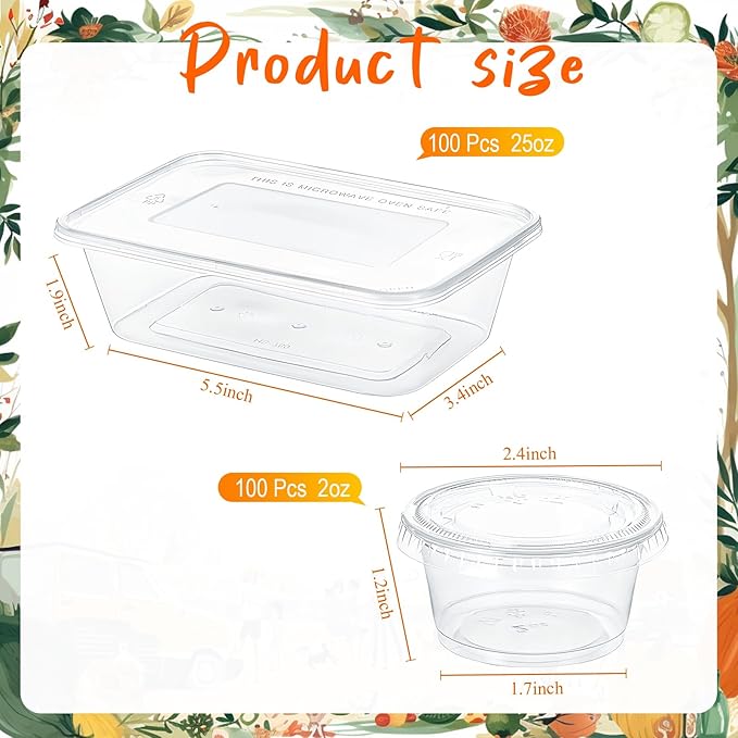 Lallisa 100 Set 25 oz Plastic Containers with Airtight Lids Disposable Food Storage Containers 2 oz Clear Serving Portion Cups with Lid Leakproof Meal Prep Containers for Salad Soup Fruit