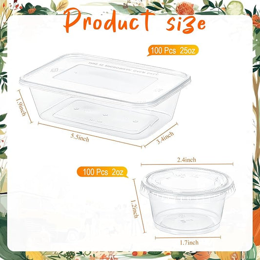 Lallisa 100 Set 25 oz Plastic Containers with Airtight Lids Disposable Food Storage Containers 2 oz Clear Serving Portion Cups with Lid Leakproof Meal Prep Containers for Salad Soup Fruit