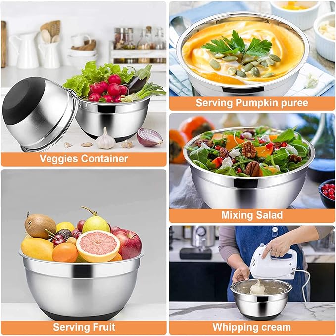 Menbyci 6 Pcs Mixing Bowls with Lids,Stainless Steel Mixing Bowls with 3 Grater Attachments,Non-Slip Bottoms,Kitchen Utensils,Mixing Bowl Set for Kitchen Mixing Baking Prepping Cooking Serving,Black