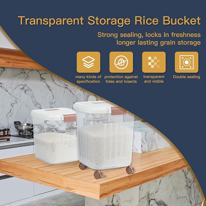 2PCS Airtight Flour Sugar Storage Containers with Lids, Easy to Move, Plastic Rice Cereal Grain Pet Food Bin with Wheels for Kitchen Pantry Organization (20lbs & 30lbs)
