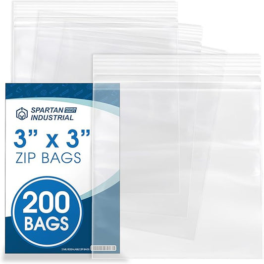 Spartan Industrial - 3” X 3” (200 Count) 2 Mil Clear Reclosable Zip Plastic Poly Bags with Resealable Lock Seal Zipper