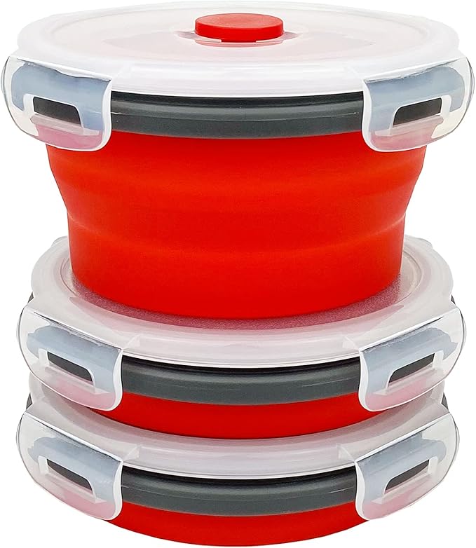 CCyanzi 3piece Round Collapsible Bowl with Lids, Silicone Food Storage Containers, Microwave & Freezer Safe, Space Saving for Kitchen Cabinet and Camping Backpack,(Red Gray)