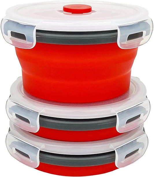 CCyanzi 3piece Round Collapsible Bowl with Lids, Silicone Food Storage Containers, Microwave & Freezer Safe, Space Saving for Kitchen Cabinet and Camping Backpack,(Red Gray)