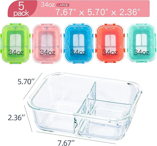 5 Pack Glass Meal Prep Containers 3 Compartment with Lids, Divided Glass Storage Containers with Silicone Sleeve for Lunch, Leak-Proof Portion Control Food Containers, Dishwasher Safe, 34 oz