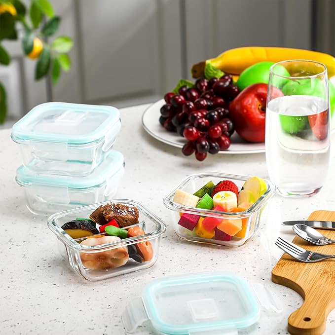 4 Pack Glass Portion Control Bariatric Containers with Lids and 4 Set Knives Forks Spoons Flatware Set Food Containers for Adults Diet Balanced Eating Weight Loss Serving Plan