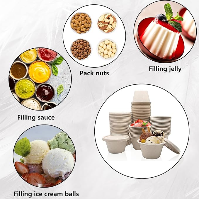 Goiio 200 Pcs 4 Oz Bagasse Fiber Condiment Cups with Lids, Compostable Portion Cups, Disposable Souffle, for Snack Dressing Food Storage