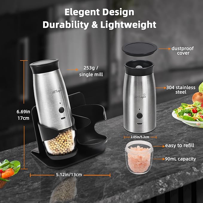 Electric Salt and Pepper Grinder Set with Safe Base, Automatic Mill by Gravity,Adjustable Coarseness with LED,Larger Rechargeable Battery,Easy filling,2 Pack Stainless Steel Kitchen Tools