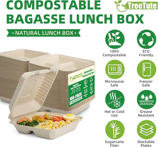 100-Pack [8”X8” 3 Compartment] Clamshell Take Out Food Containers,100% Compostable Disposable To Go Containers,Heavy Duty,Eco-Friendly Biodegradable Bagasse Take Out Boxes for Food(Brown)