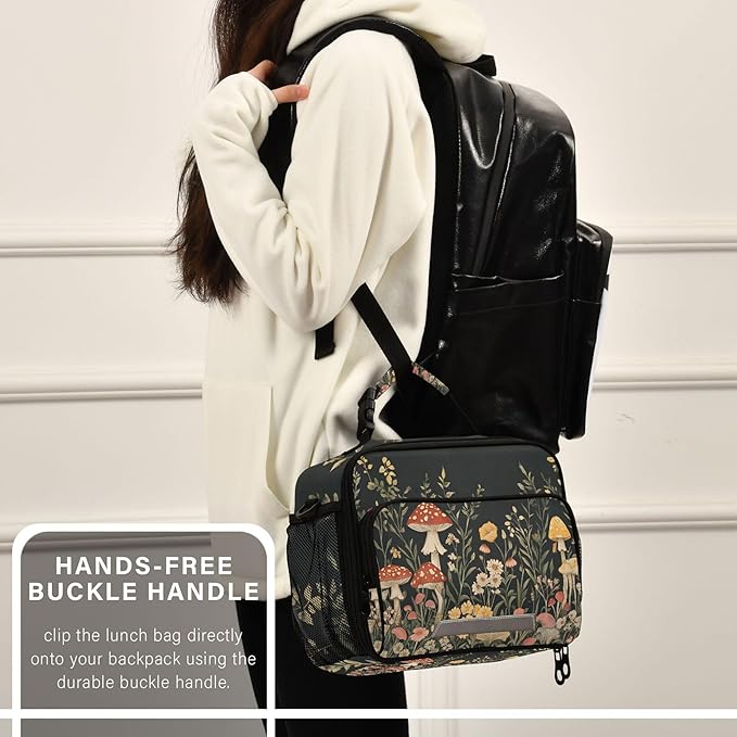 MNSRUU Student Lunch Bag Vintage Wildflower Mushrooms Insulated DinnerTotes Picnic Bag Lunch Box with Adjustable Shoulder Strap for Teen Kids Adults