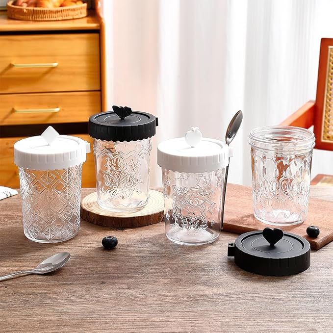 Glass food Jars with Lids and Spoons, 4 Pack Overnight Oat Jars with Airtight Lid, 100% Leak Proof yogurt Containers, Glass jars for BreakfastyogurtCerealSnackSoupParfait - Black