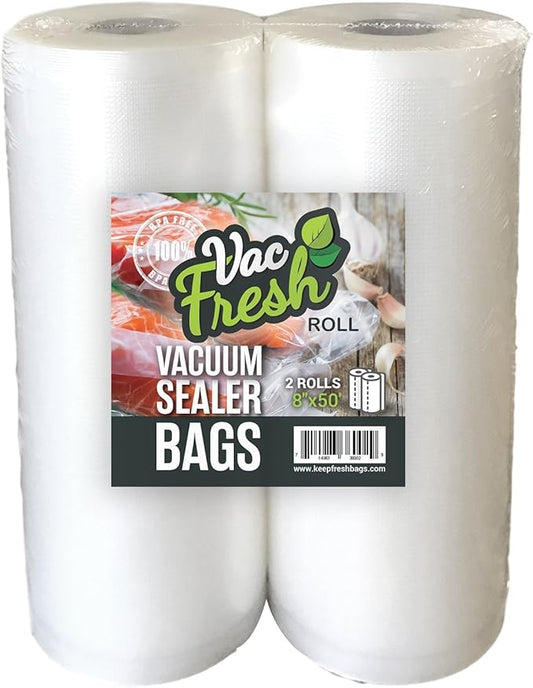 Vac Fresh Food Vacuum Sealer Rolls (8" x 50', 2 Rolls), 3.5mil Embossed Food Storage Bags, Vacuum Seal Bags for Meal Prep, Sous Vide Bags for Cooking (100 Feet)