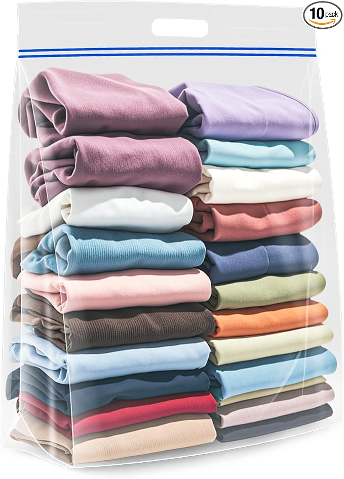 Extra Large 25 Gallon Storage Bags - 35” x 24” with Resealable Zip and Carry Handle, Ideal for Clothes, Pillows, Moving and Travel, Set of 10