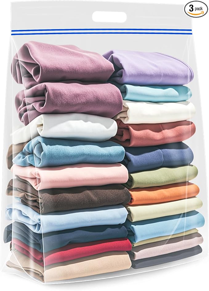 Extra Large 25 Gallon Storage Bags - 35” x 24” with Resealable Zip and Carry Handle, Ideal for Clothes, Pillows, Moving and Travel, Set of 3