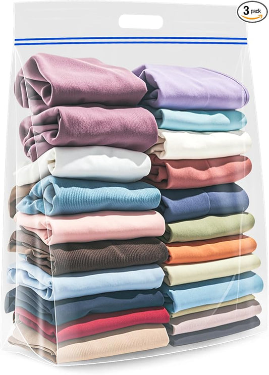 Extra Large 25 Gallon Storage Bags - 35” x 24” with Resealable Zip and Carry Handle, Ideal for Clothes, Pillows, Moving and Travel, Set of 3