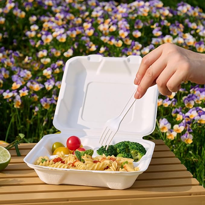 JOLLY CHEF Clamshell Take Out Food Containers, 8 * 8" 50-Pack, 3-Compartment To Go Boxes, Disposable Paper, Sugarcane for Salad, Lunch