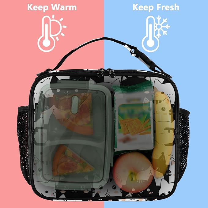 Cute Lunch Bag for Women Insulated Cat Lunch Box for Kids Girls Boys Reusable Leakproof Lunch Tote Bag with Shoulder Strap for School Work Picnic