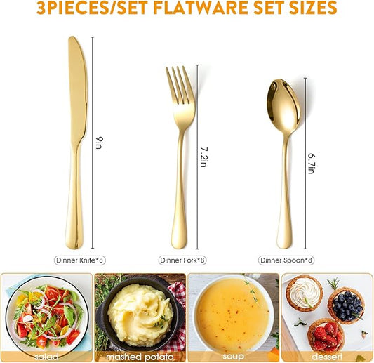 24 Pieces Knifes Forks Spoons Set for 8, KITWARE Gold Silverware Set, Flatware Stainless Steel for Lunchbox, Mirror Polished Cutlery, Kitchen Travel Utensils Set Outdoor Camping Picnic