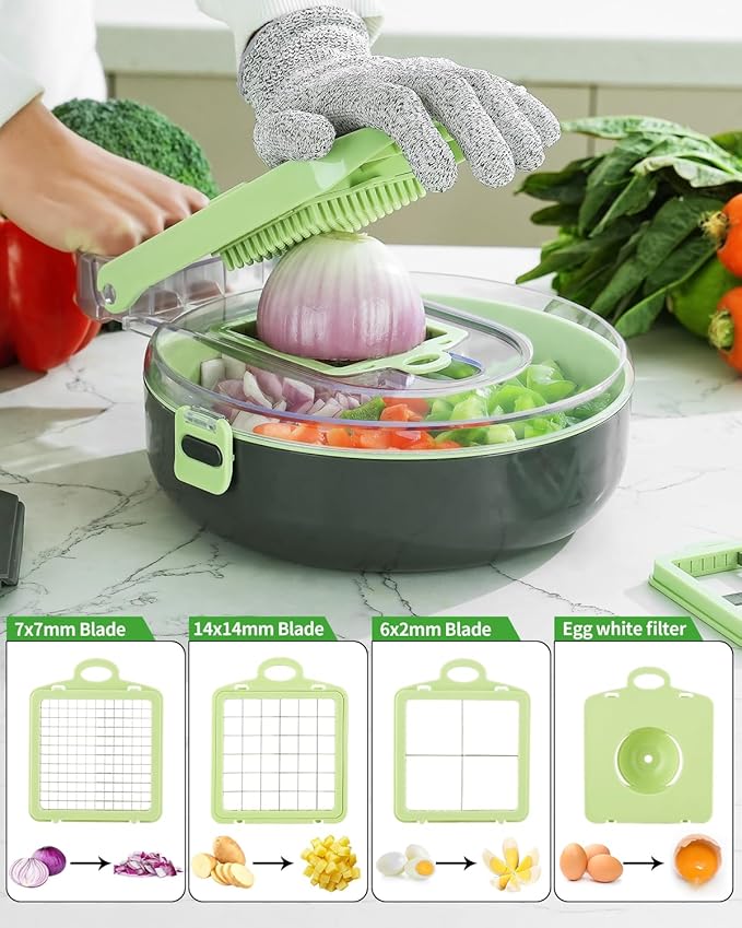 Vegetable Chopper Kitchen Vegetable Slicer & Spiralizer,Manual Mandolin Slicer,Potato Slicer Veg Cutter Salad Julienne,Food Container All in ONE Slicer (Green)
