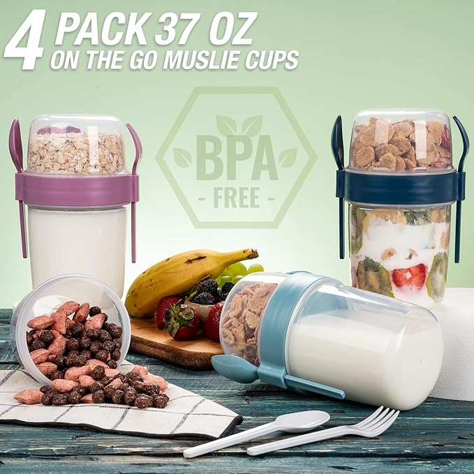 4 Pack On The Go 22 oz Breakfast Cups with Lids and Spoon, Reusable Cereal Yogurt Cup with Topping Plastic Overnight Oats Container for Granola Oatmeal (37 oz - Navy Blue - 4 Pack)