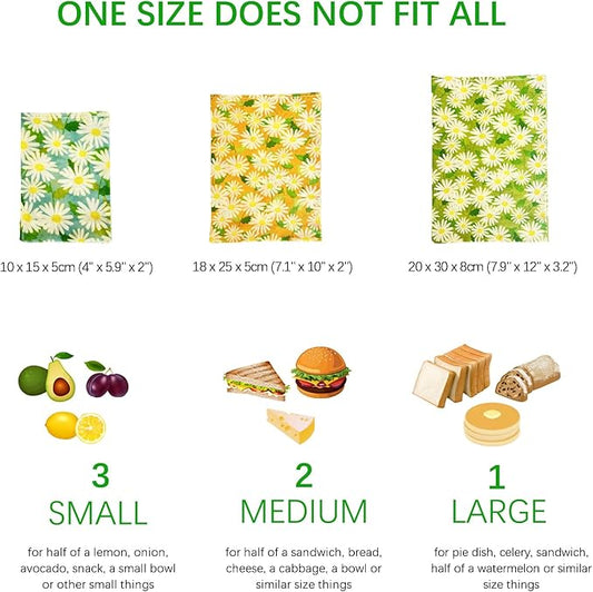 Eco-Friendly Beeswax Food Bags - 3 Sizes - Pack of 6 - Reusable Food Storage Bags for Packing Vegetables, Fruits, Snacks, Bread, Sandwiches