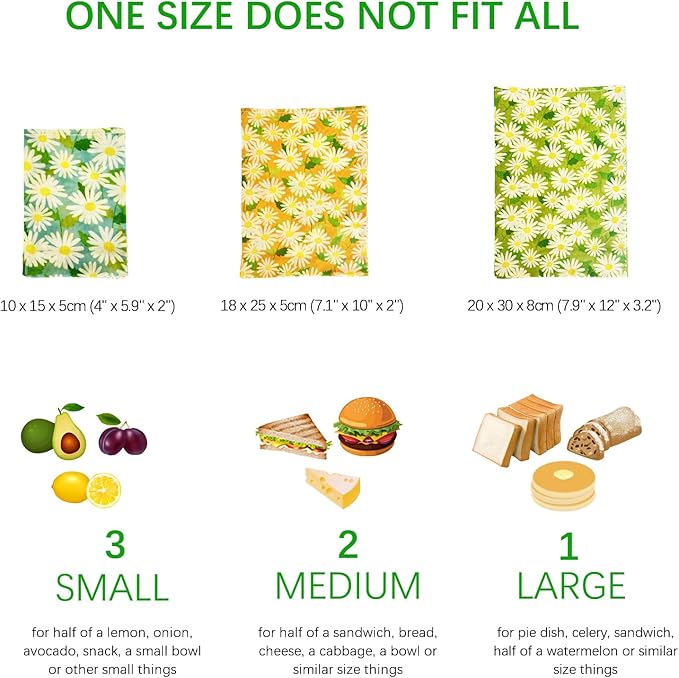 Eco-Friendly Beeswax Food Bags - 3 Sizes - Pack of 6 - Reusable Food Storage Bags for Packing Vegetables, Fruits, Snacks, Bread, Sandwiches