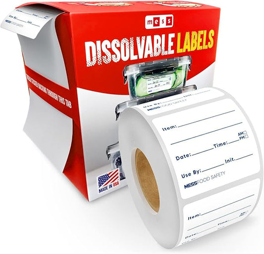 MESS Dissolvable Food Labels, 2x2, 200/Roll - Removable Labels for Mason Jars, Food Containers & Freezer – Blank Canning Labels – Dissolves in 30 Seconds
