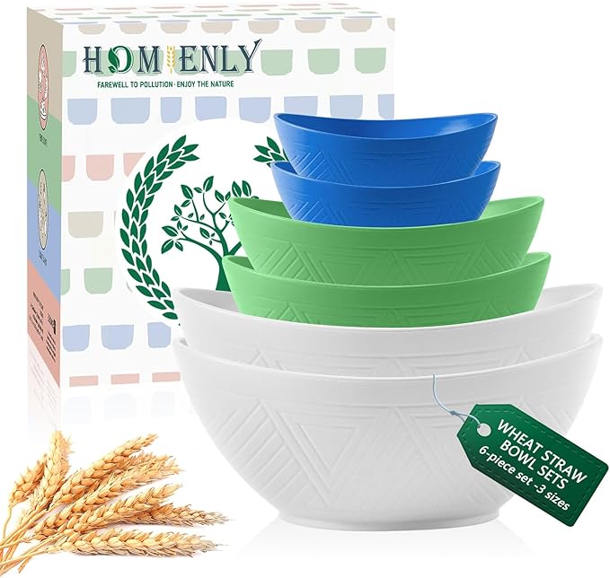 Homienly Wheat Straw Bowls Sets 6 Pieces, Wheat Straw Salad Bowls, Multi-Size Bowls for Kitchen, Camping, Mixing, Unbreakable Bowl Set for Salad, Snack,Cereal, Fruit, Microwave Safe (Island Theme)