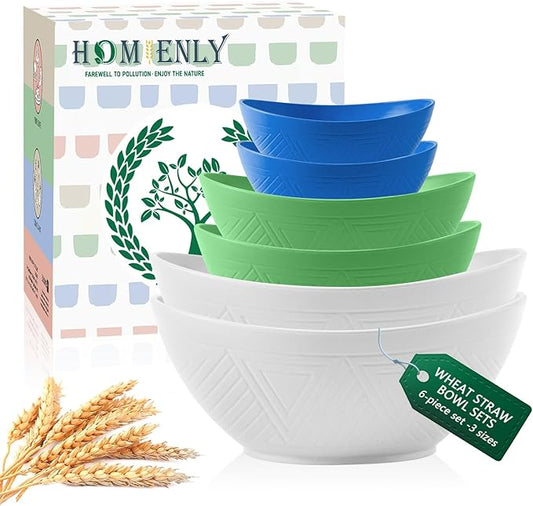 Homienly Wheat Straw Bowls Sets 6 Pieces, Wheat Straw Salad Bowls, Multi-Size Bowls for Kitchen, Camping, Mixing, Unbreakable Bowl Set for Salad, Snack,Cereal, Fruit, Microwave Safe (Island Theme)
