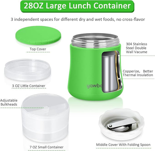 Yogurt Container, Insulated Food Container, 2 In 1 Cereal Cup On The Go,Stainless Steel Insulated Food Jar With Spoon,28oz Thermal Lunch Pot For Soup Yogurt Salad Breakfast Milk Fruit (Green)