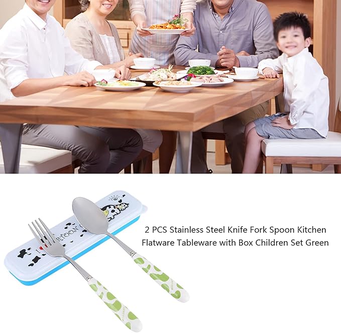 Children Flatware Set, Stainless Steel Fork Spoon with Storage Box Dinner Utensils Spoon Fork Set with Travel Case Toddler Travel Utensils for Kids Toddlers (Green)