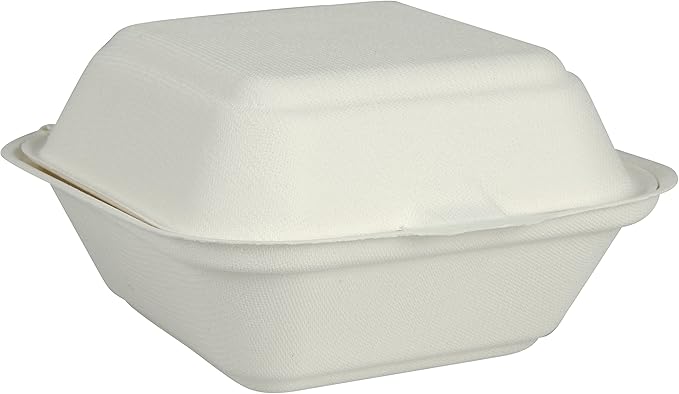 Abena Compostable PFAS-Free Bagasse Clam Shell to-Go Containers Hinged Lid, 6" x 6" - 500 Count
