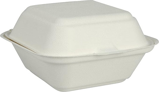 Abena Compostable PFAS-Free Bagasse Clam Shell to-Go Containers Hinged Lid, 6" x 6" - 500 Count