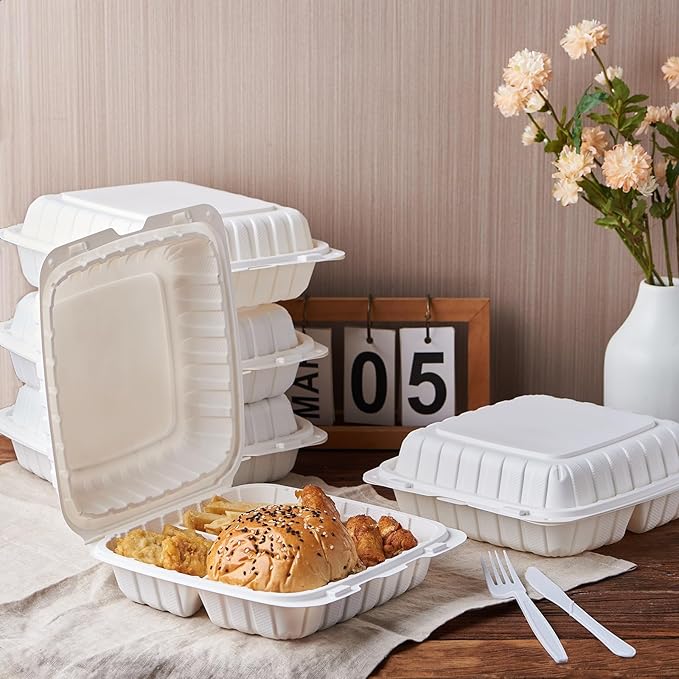 9X9 3 Compartment 50-Pack Plastic Clamshell Take Out Food Containers, Heavy Duty Disposable To-go Box For Cake, Sandwich, Salad, Dessert (Formerly FULING)