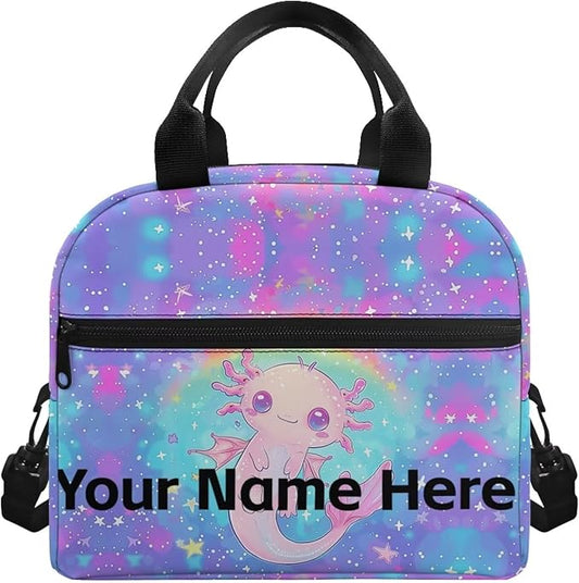 Showudesigns Custom Lunch Bags for Women Cute Axolotl Lunch Box Girls Personalized Insulated Lunch Bags Rianbow Thermal Meal Tote Kit with Zipper Add Your Name Back To School Crossbody