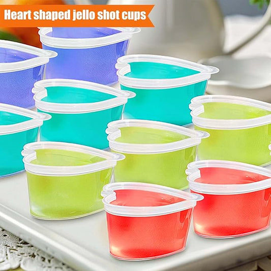 100 Sets 2 1/3 oz Heart Shaped Jello Shot Cups with Lids, Small Condiment Containers, Disposable Portion Cups, Plastic Souffle Cup, Mini Sample Tasting Cups, Dipping Sauce Cup To Go Bowls, Clear