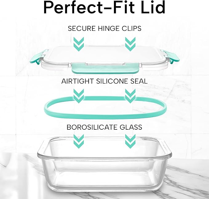Zulay Kitchen 12 Pack Glass Meal Prep Containers with Lids - Airtight, Premium Borosilicate Glass Food Storage Containers - Microwave, Freezer & Oven Safe, BPA Free - Teal