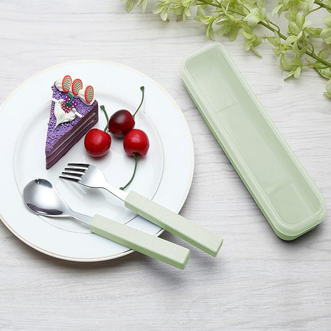 VANRA 3-Piece Children Utensils Set 18/10 Stainless Steel Child Flatware Set Silverware Knife Spoon Fork Set with Travel Case for Kids Lunch Box (Green)