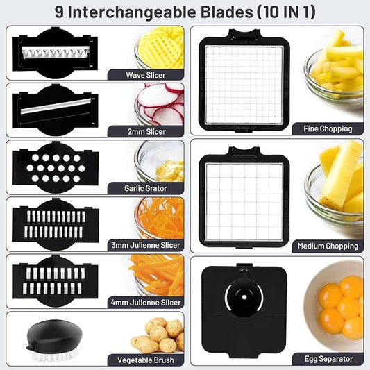 Vegetable Chopper, Food Chopper with Vegetable Brush, Vegetable Slicer with 8 Blades, Onion Holder for Slicing, Lemon Slicer, Kitchen Chopper Slicing Tool for Meat, Onion, Potato, Tomato (16 in 1)