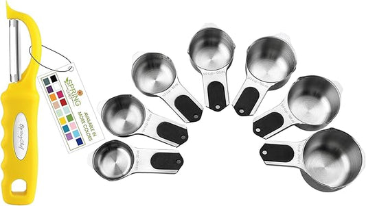 Spring Chef Premium Swivel Vegetable Peeler, Yellow & Stainless Steel Magnetic Measuring Cups, Set of 7, Black - 2 Product Bundle