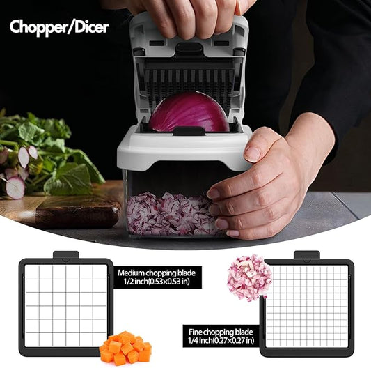 Cambom Vegetable Chopper With Container, Multifunctional Food Chopper Onion & Vegetable Cutter Dicer With 8 Blades, Carrot & Veggie Slicer Spiralizer 6 Blades