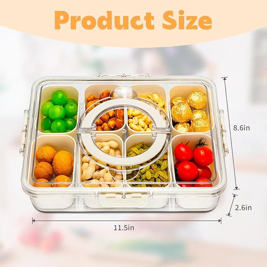 Divided Serving Tray with Lid and Handle,8 Compartments Snacks Box,Snack Fruit Tray,Veggie Tray,Portable Platter for Candy Fruits Nuts Snack Party Entertaining Picnic(2 PCS)