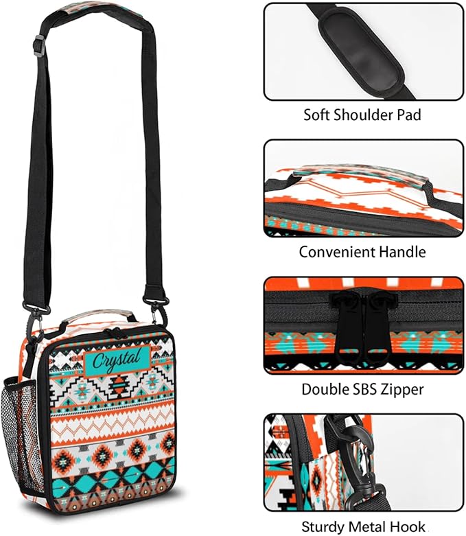 Personalized Lunch Box with Name, Custom Lunch Box Aztec Customized Insulated Lunch Bag Tote, Cooler Freezable Meal Prep Bag with Shoulder Strap Waterproof Lunch Container for Office Picnic