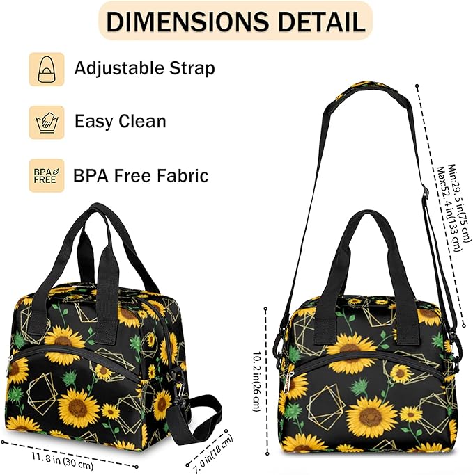 Pardick Sunflower Insulated Lunch Bag Flower Geometry Lunch Box for Women Girl with Shoulder Strap Tote Bag Reusable Large Containers Meal Prep for School Work Travel Picnic Thermal Cooler Bag