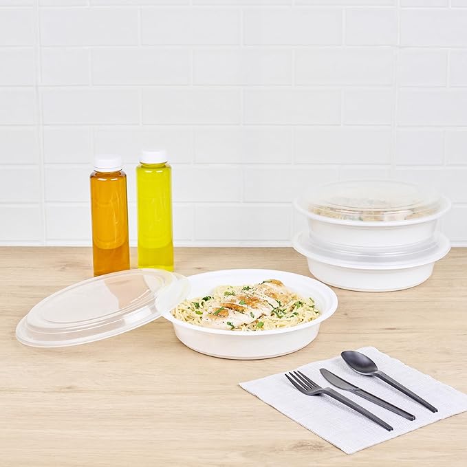 Restaurantware Asporto 48 Ounce To Go Boxes 100 Microwavable Take Out Food Containers - Clear Plastic Lids Included Do Not Contain BPA White Plastic Catering Food Containers Disposable Round