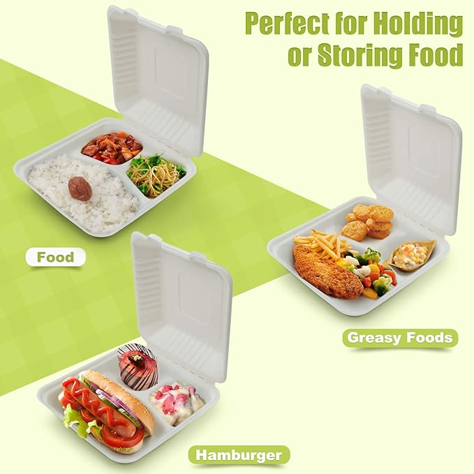 Green Earth 8-Inch, 200-Count, 3-Compartment, Compostable Clamshell, Natural Bagasse (Sugarcane Fiber), Take-Out/to-Go Food Boxes - Biodegradable Containers, Hinged Lid Microwave-Safe Gluten-Free