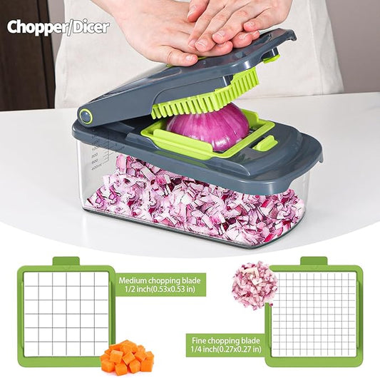 Cambom Vegetable Chopper With Container, Multifunctional Food Chopper Onion & Vegetable Cutter Dicer With 8 Blades, Carrot & Veggie Slicer 2 Blades Grey