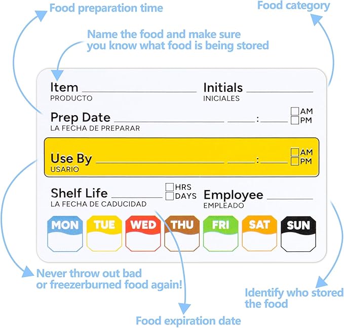 Restaurant Quality Shelf Life Food Rotation Labels Vinyl, 2” x 3” Self-Adhesive Removable Freezer Food Labels, Perfect for Reusable Containers, Easy to Remove, Food Safety Date Sticker (10 PCS)