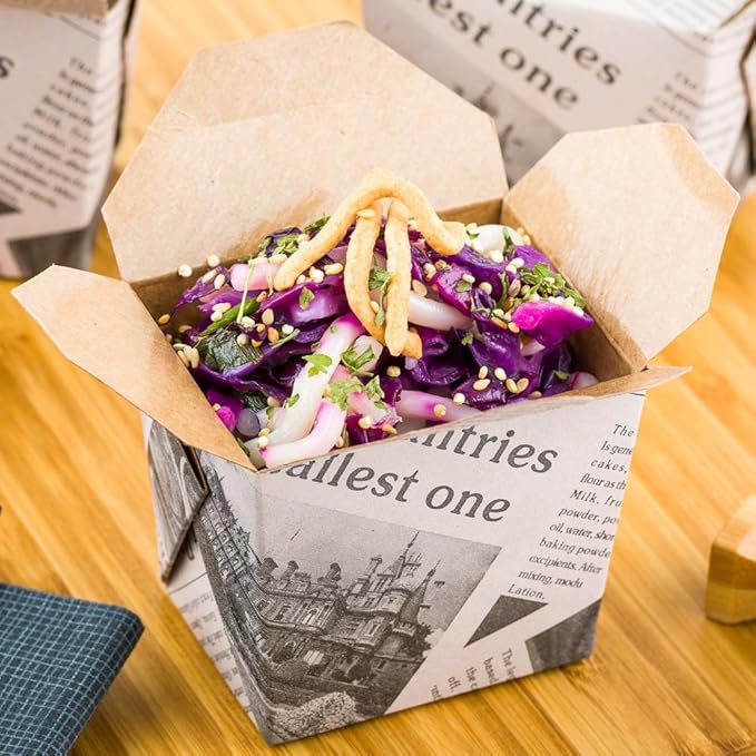 Restaurantware-8 Ounce Noodle Take Out Boxes, 200 Disposable Food To Go Boxes - Tab-Lock, Stackable, Newsprint Paper Take Home Boxes, Greaseproof, For Restaurants, Catering, And Parties